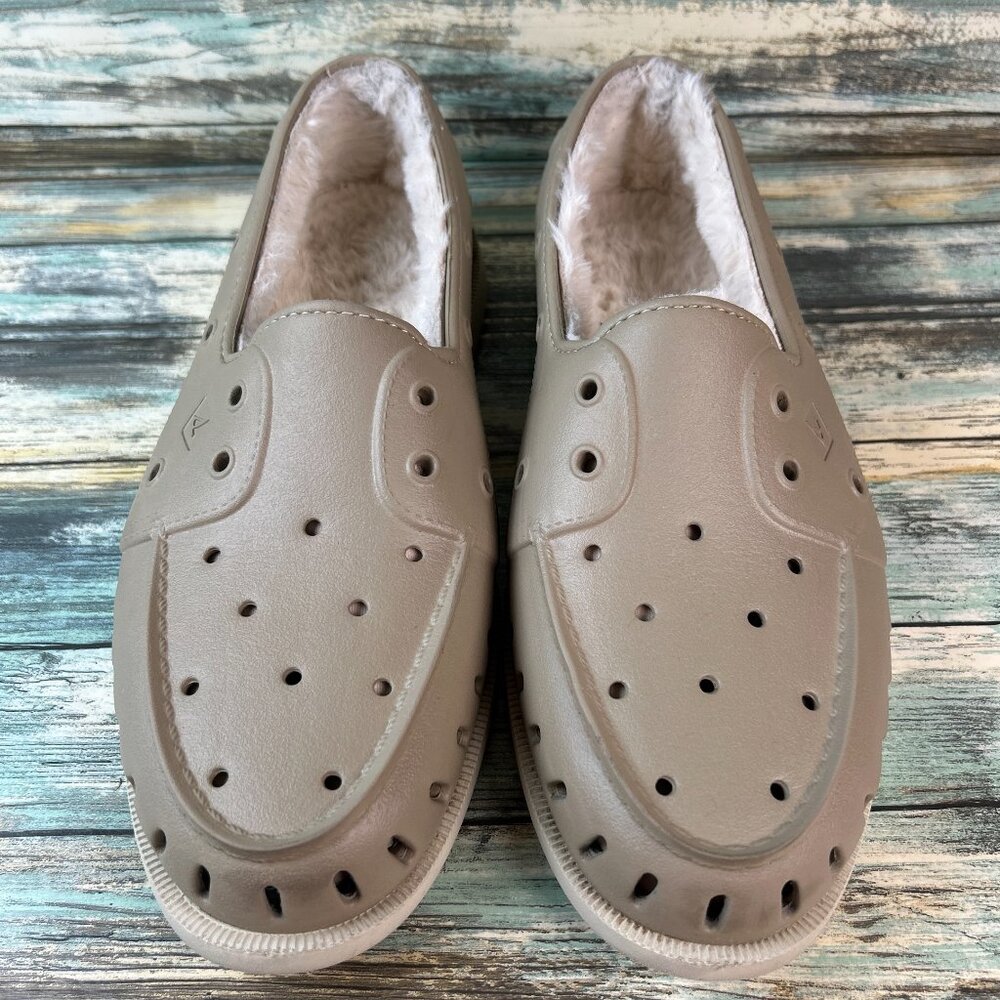 Sperry Boat Shoes Size 12 Taupe Rubber Faux Fur Lined House Shoes Indoor Outdoor